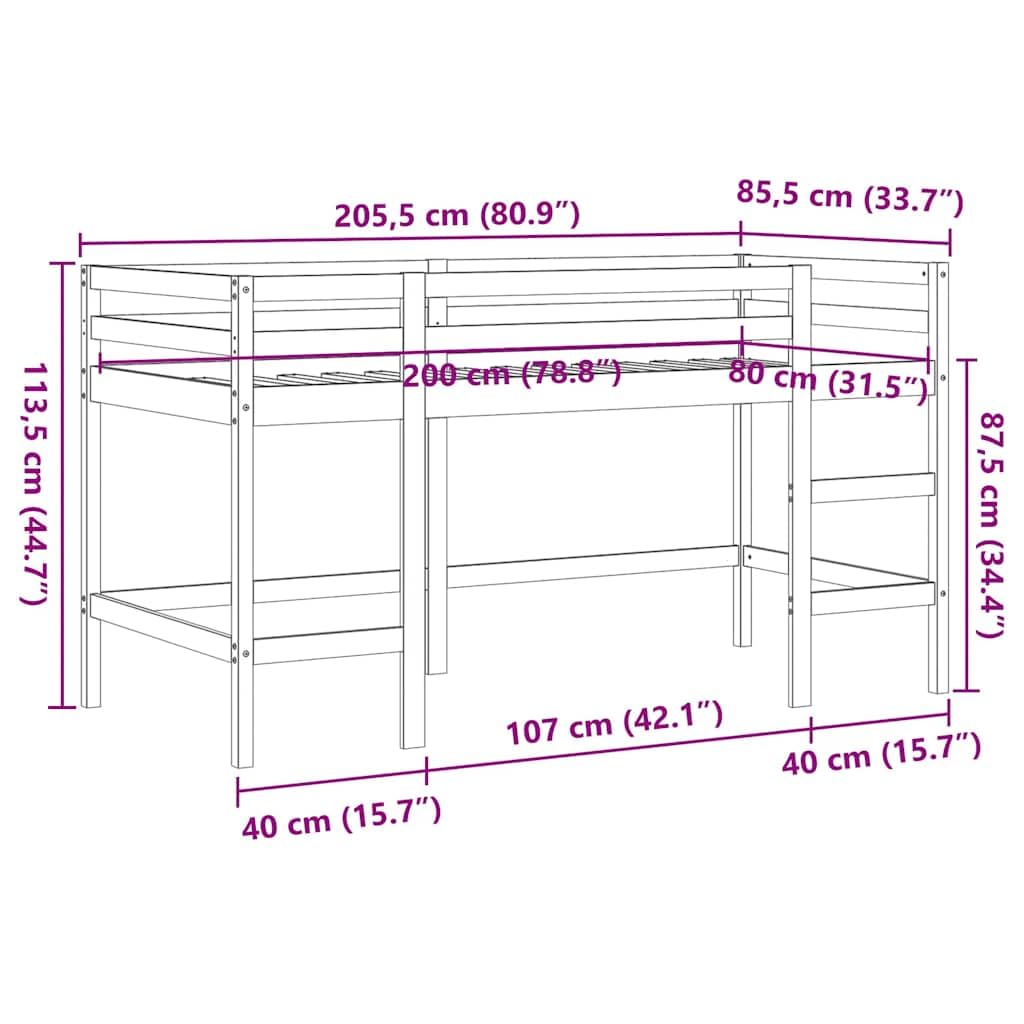 vidaXL Cama Alta de niños con Escalera Madera Maciza marrón 80x200 cm