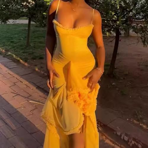 Image of Women's Spaghetti Strap Maxi Dress High Split Ruffle Hem Bodycon Cocktail Dresses Evening Party Dress