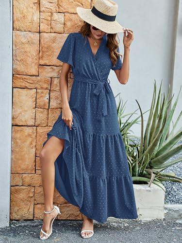 Image of MASCOMODA Women Boho Swiss Dot Maxi Dresses Wrap V Neck Flutter Short Sleeve Solid Tie Waist A Line Tiered Flowy Long Dresses