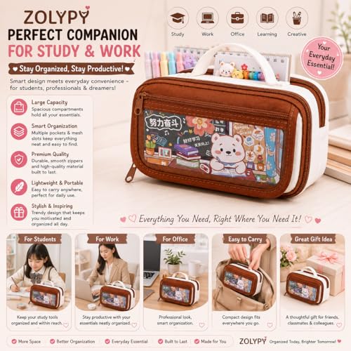 Image of Kawaii Cute Aesthetic Pencil Case for Girls & Boys | 3 Layer 6 Compartment Large Capacity Pencil Pouch with Zipper | Cartoon Stationery Organizer Bag for Students & Kids (Beige Brown)