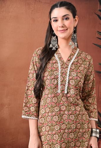 Image of Ichaa Women's Pure Cotton A-Line Ethnic V-Neck Kurta with 3 /4th Sleeve for Daily and Office Wear, in Plus Sizes