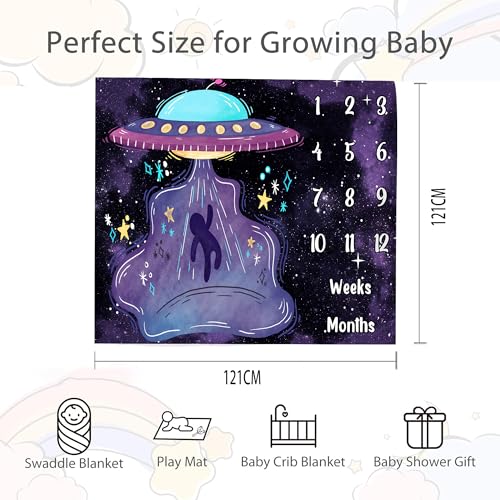Image of UFO Baby Monthly Milestone Blanket, 48x48in Soft Flannel, Alien Round Spaceship, Newborn Mom Gifts, Baby Shower Age Growth Tracker with Bonus Maker (Purple, 48x48in)