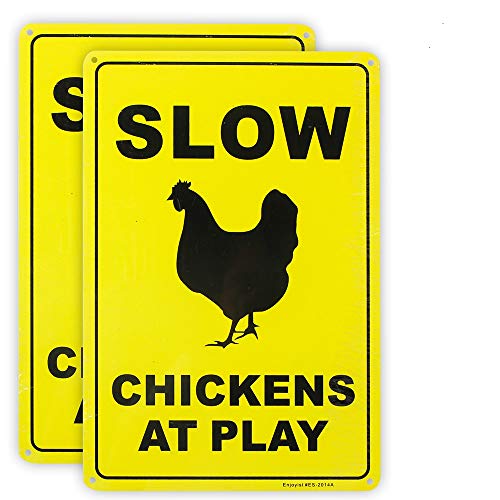 Paquete de 2 carteles de advertencia con texto en inglés "Caution Slow Chickens at Play", 12 "x 8" .04" de aluminio, resistente a los rayos UV y a la intemperie Cover