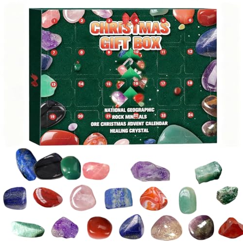 24 Days Crystal Advent Calendar 2025 Healing Crystals & Gemstones Gift Set with Mineral Guide, Spiritual Energy Stones for Meditation, Kids & Adults Christmas Countdown Gift (B)