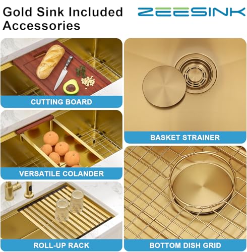 Image of 27 inch Gold Sink,Undermount Single Bowl Kitchen Sinks,16 Gauge Stainless Steel Workstation Kitchen Sink (Gold, 27 X 18 inch)