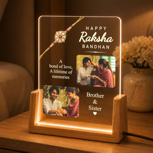 Image of Giftplease Personalized Raksha Bandhan LED Acrylic Photo Lamp with Wooden Base, Custom Brother Sister Picture Frame, Festival Home Decor, Warm Ambient Night Light, Keepsake Memory Display
