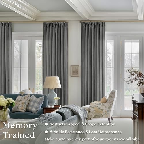 Image of Dark Grey Linen Pinch Pleated Curtains 102 Inches Long for Living Room Pleated Drapes Hooks Back Tab Thick Linen Textured Modern Farmhouse Charcoal Simple Gray 102 Inch Curtain for Dining Bedroom