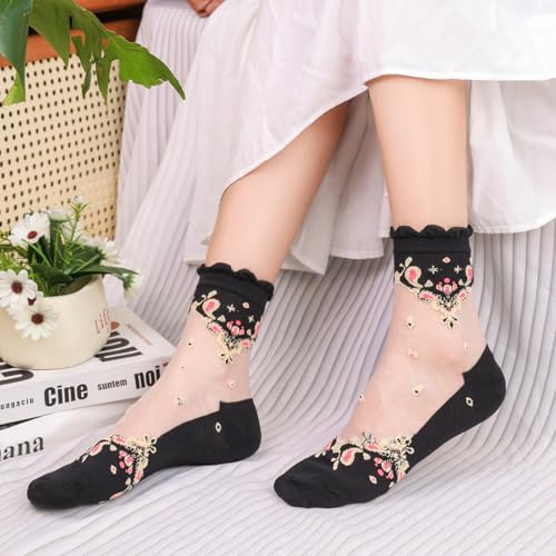 DXYAKY 5 Pairs Womens Candy Sheer Mesh Socks, Transparent Floral Lace Socks for Ladies Ankle Ruffle Fishnet Summer Stockings3