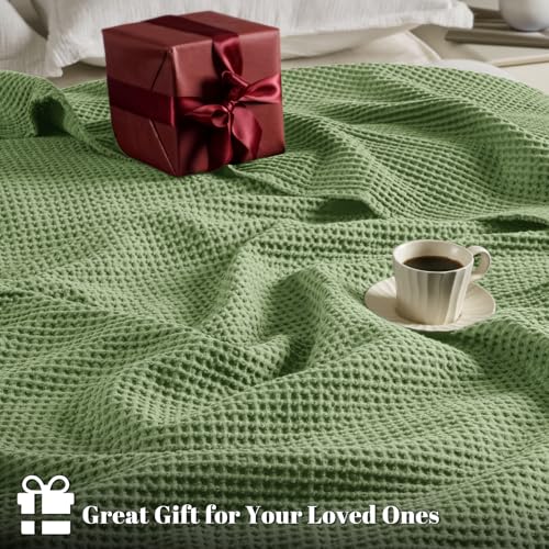 Image of PHF 100% Cotton Waffle Blanket Lightweight Breathable, Queen, Loden Green | Pre-washed Soft Cozy Summer Throw for Hot Sleepers, Textured Decorative Layer for Bed Couch Sofa Guest Room, Giftable