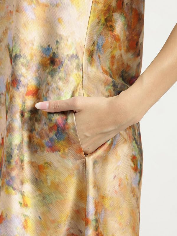 Image of FableStreet Women Party Dress | Elegant A-Line Fit Midi Length V-Neck Sleeveless | Lustrous Satin Fabric for Evening Gatherings & Celebrations