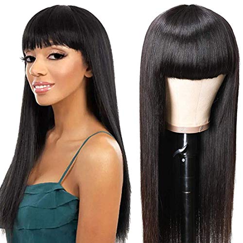 Wigs with Bangs Straight Human Hair (24 Inch) None Lace Front Wigs for Black Women Human Hair 9A Brazilian Virgin Hair 150% Density Glueless Machine Made Wig with Bangs Human Hair Natural Black