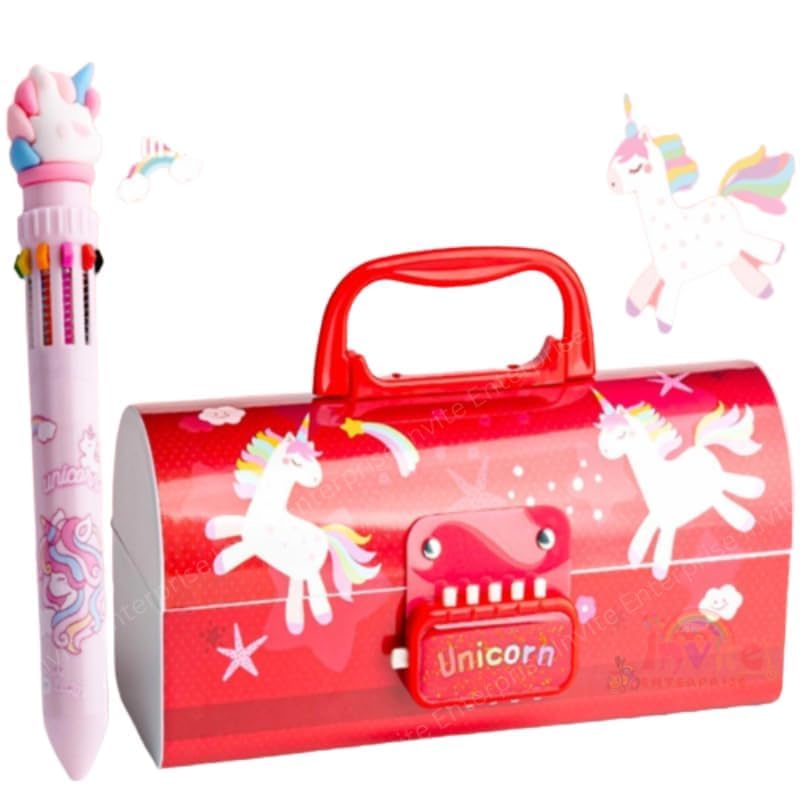 Image of WORSHIPER Cartoon Theme Pencil Box for Kids | Suitcase Style Password Lock Stationery Organizer | Multi-Layer Pen & Pencil Case for Boys & Girls (RUT - Red Unicorn)