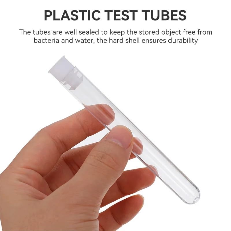 equipo de laboratorio 100 tubos de ensayo de plástico de 12 x 100 mm, tubos de plástico transparente con tapones for experimentos científicos y almacenamiento de muestras de plantas.