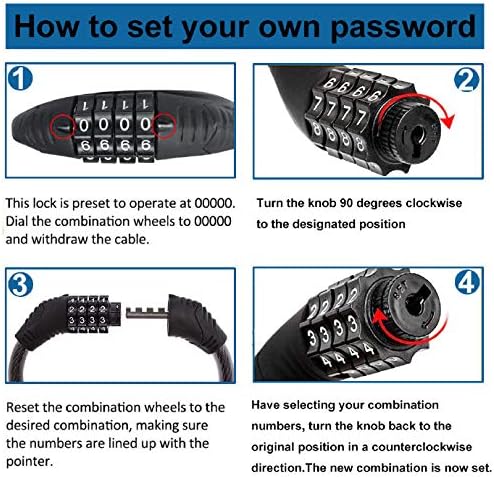 Miniatura 7 de Candado de seguridad para bicicleta de 4 dígitos con combinación de bloqueo de cable reiniciable para bicicleta sin soporte de montaje, 2 pies x 12