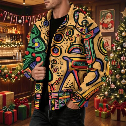 Mens Shirt Jacket Christmas Print Vintage Lapel Collar Button Down Coat - image 4