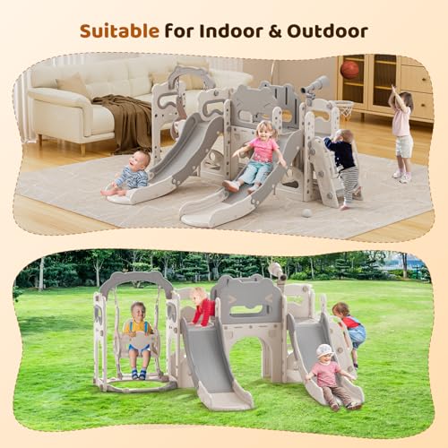 Lischwert Toddler Swing and Slide Set, 10 in 1 Toddler Indoor Playground, Slide for Toddlers, Outdoor Playset Backyard with Basketball Hoop, Tunnel and Storage Space, Kids Double Slide Age 1+