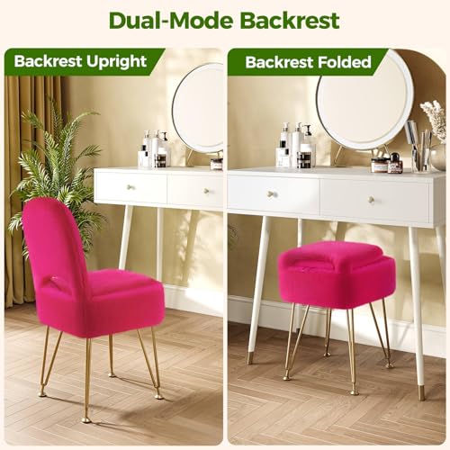 GREENSTELL Vanity Stool Chair with Storage and Folding Back, 13.4" x 15" x 30" Square Faux Fur Soft Ottoman, 4 Metal Legs with Anti-Slip Feet, Furry Padded Seat for Makeup, Bedroom, Rose by GREENSTELL - Image 4