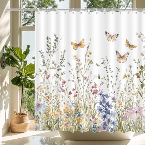 MEHOFOND Spring Shower Curtain Colourful Floral Shower Curtain for Bathroom Beautiful Flower Shower Curtain Spring Plant Butterfly Bathtub Decor Fabric Waterproof Bath Curtain with 12 Hooks 72x72 Inch