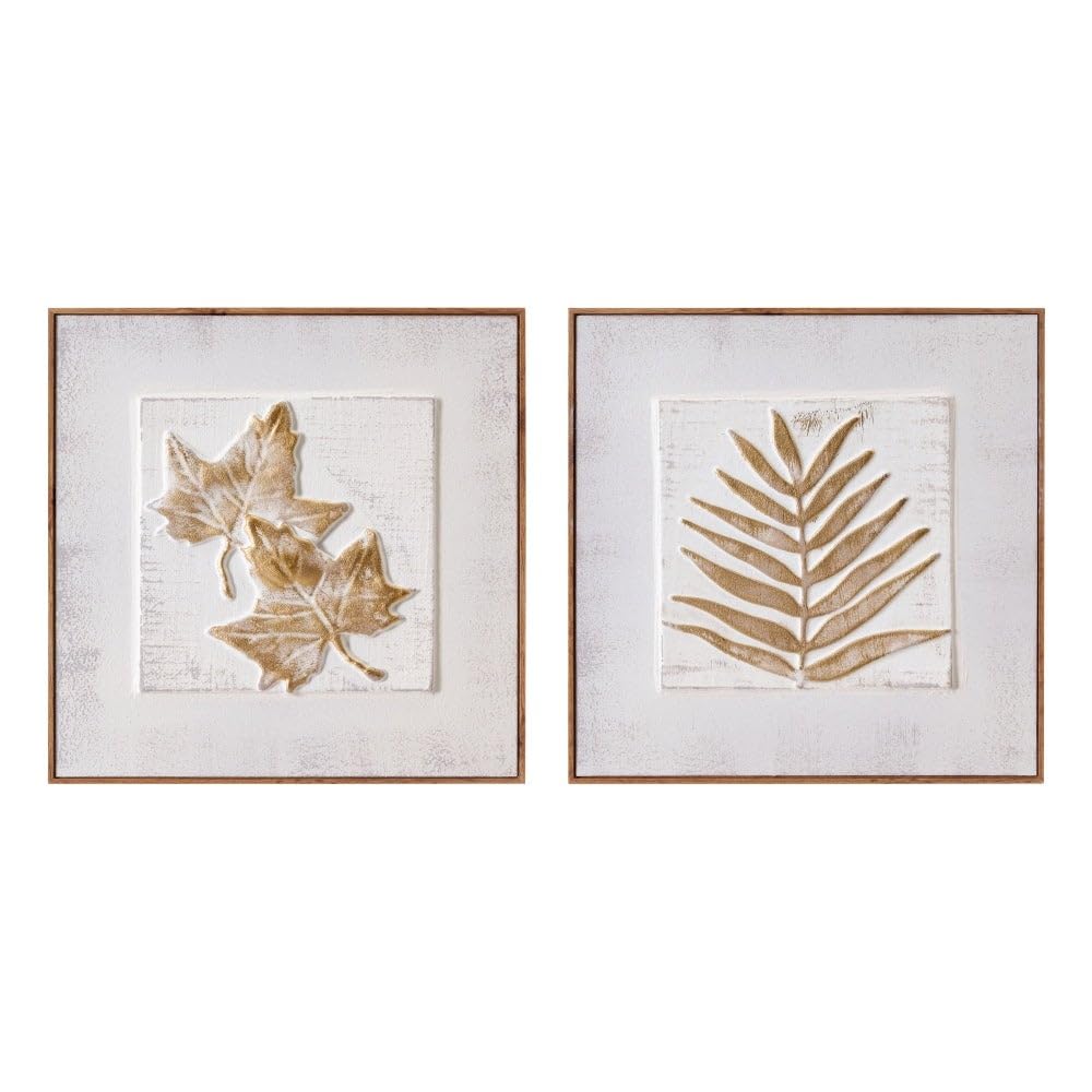 LOLAhome Set de 2 Cuadros de Hoja en Relieve de Madera Dorados de 41x41 cm