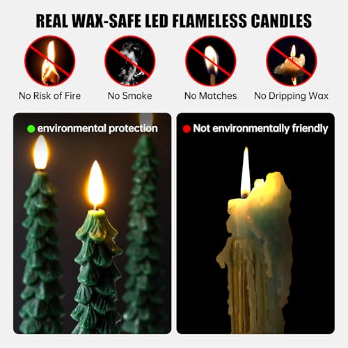 Image of 3 Flame Free Cone Candles with Remote Control, Real Wax LED Battery Powered Candle Warm 3D Wick New Year Decoration (Green, 0.8 X 10 inches)