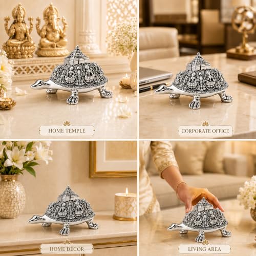 Image of DIVINITI 999 Silver Plated Ashta Lakshmi Tortoise with Sri Yantra Pyramid|Gift Box Included|Vastu & Feng Shui Showpiece for Wealth, Prosperity & Protection|Home, Office & Pooja Decor|7.5 x 4 cm