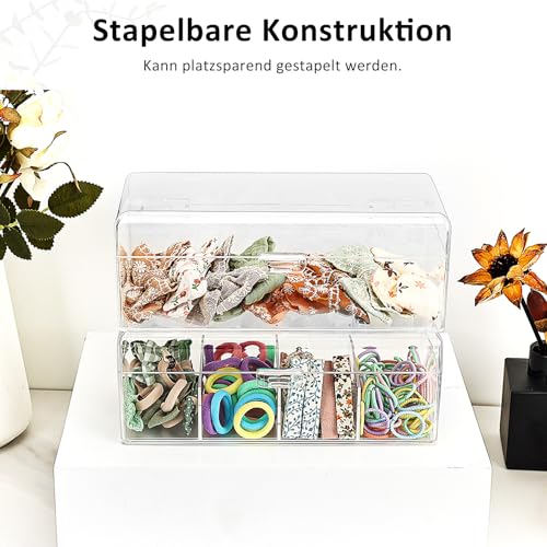 JessLab Haarschmuck Organizer für Mädchen, Acryl-behälter mit Fächern für Haargummis, Spangen und Schleifen, Klarer Stapelbare Aufbewahrungsbox (4 Fach) für Bad, Schlafzimmer und Schminktisch
