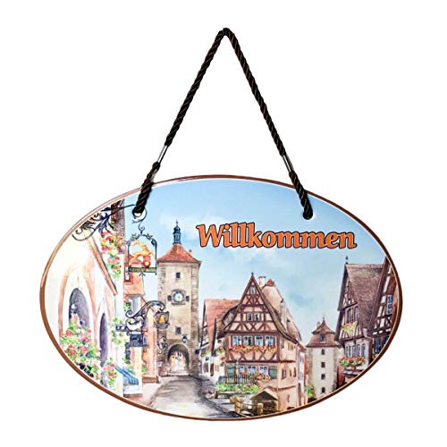 "Willkommen" with Artwork of a European Village German Welcome 11x8"
