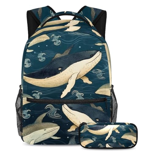 Cartable baleine bleue peinte à la main, sac à dos étudiant grand volume