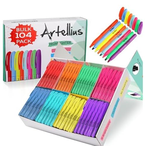 Artellius 104 Pack Vibrant Highlighters Assorted Colors Bulk Set (8 Bright Colors), Quick-Dry, Neon Pastel Chisel Tip Highlighter Set for Underlining, Highlighters Bulk Perfect for Class, Office