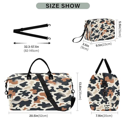 ​​Large Foldable Travel Duffel Bag, Waterproof Gym Bag for Men & Women, Carry-On Luggage Weekender Overnight Bag, Black Brown Cow Print3