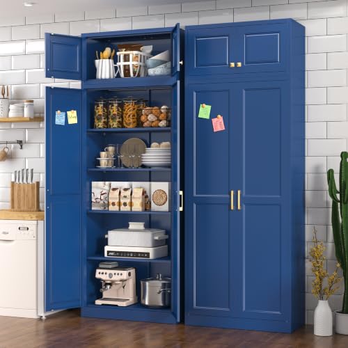 Image of Polup 86 inch Tall Metal Kitchen Pantry Storage Cabinet with Doors and Shelves | Heavy-Duty Blue Cabinet, 4 Adjustable Shelving, Gold Handles, Magnetic Latch, for Dining Living Room, Bathroom & Garage