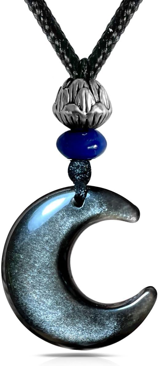 HAIXIAN Unisex Crescent Moon Natural Black Obsidian Stone Safety Buckle Pendant Necklace,Adjustable Rope Quartz Gemstone Bohemian Statement Necklace Jewelry for Women Men