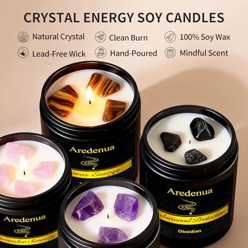 Image of Scented Candles Set, 4 Pack Crystal Healing Candles with Rose Quartz Amethyst Tiger Eye Obsidian, 7oz Natural Soy Wax Candles, Lavender Citrus Sandalwood Cedar, Meditation Gifts for Women Men