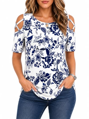 Image of Jar of Love Women's Summer Tops Short Sleeve Cold Shoulder Tops T-Shirts for Women Spring Summer Tops Loose Fit Tunic 2026