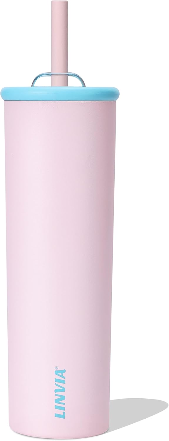 Candy Tumbler, 25 oz Kids Insulated Stainless Steel Water Bottle with Spill Resistant Silicone-Metal Straw and 2-in-1 Lid, BPA-Free, Cup Holder Friendly, Dishwasher Safe, Pastel Pink