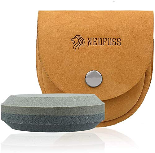 NEDFOSS Puck Schärfstein, 2-in-1 Schleifstein axt und Messer, Abziehstein mit Gürteltasche, Immer griffbereit (F-Leder- Grau)