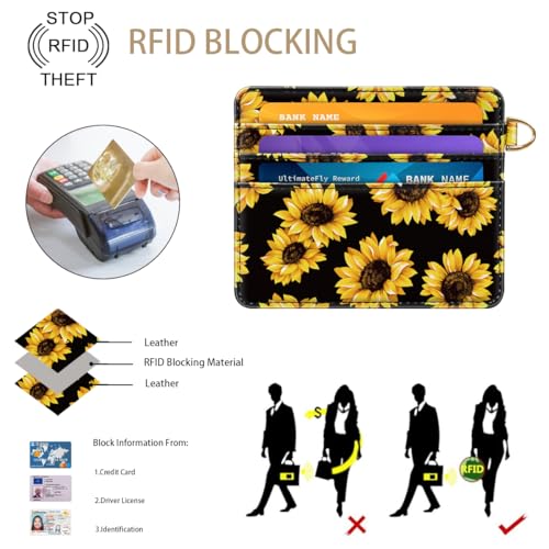 Image of Slim Minimalist Pocket Credit Card Holder Wallet Women | RFID Blocking Lightweight Thin Small Cute Card Cases, Sunflowers