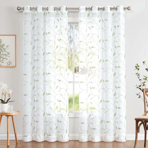 TOPICK Sheer Vorhang Voile Gardinen mit Ösen Blätter Stickerei lichtdurchlässig Ösenschal Gaze Paarig Ösenschals Blatt für Wohnzimmer Schlafzimmer Stores 2er Set Grün auf Weiß H245 x B140(cm)