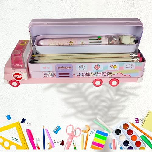 Image of ZAFCO Metal Bus Pencil Box for Boys | Gel Toy with Moving Wheels Compass for Kids | Pen Box for Students | Geometry for School | Birthday Return Gift 1 Unit (Pink-Truck)