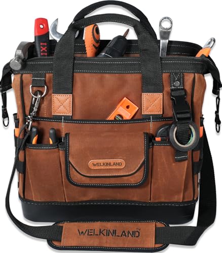 WELKINLAND 22-Pockets Hard Bottom Tool Bag, 14-Inch Waxed Canvas Tools Bag, 25L Heavy Duty Electrician Bags, HVAC Service Bags, Mechanic, Technician Tool Bag