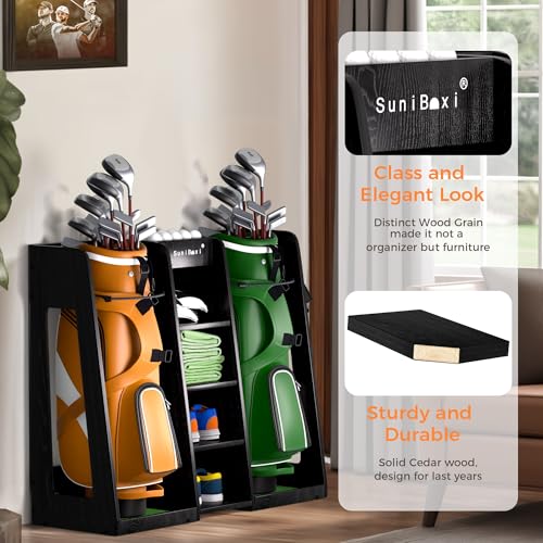 Wooden-Golf-Storage-Organizer-for-Garage-Premium-Golf-Bag-Holder-Rack-for-Golfing-Accessories-Great-Gift-for-GolfersHusband-Dad2-BagsDark-Black-Premium-Golf-Bag-Holder-Rack-For-Golfing-Accessories-Gre