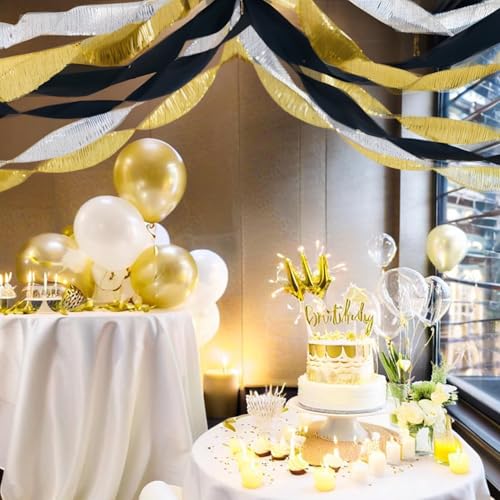 Image of PheiLa Crepe Paper Streamers 6 Rolls 492ft, Black and Gold Crepe Paper Graduation Party Decorations DIY Gift Wrapping Birthday Holiday Party Decor, 1.77 Inch x 82 Ft /Roll