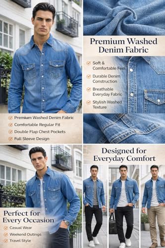 Image of Southbay Men's Denim Casual Shirt | Full Sleeve with Regular Fit | Premium Solid Denim Fabric | Spread Collar | Double Flap Pocket Stylish Casual Shirt