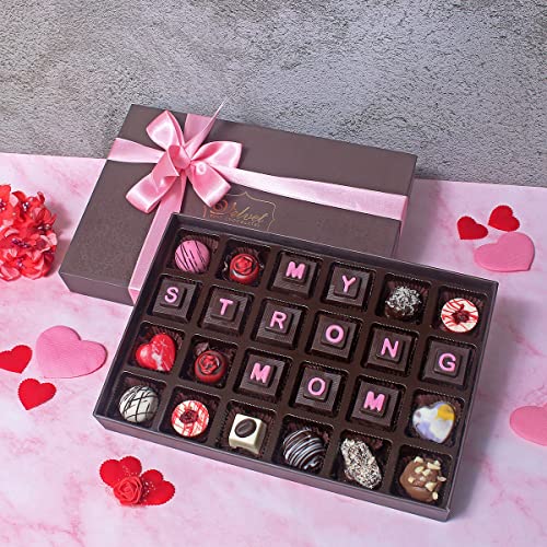 Image of Velvet Fine Chocolates Mother's Day Premium Gift Hamper with MY STRONG MOM written on the Chocolates | Mother's Day Chocolate Gift Pack for Best MOM