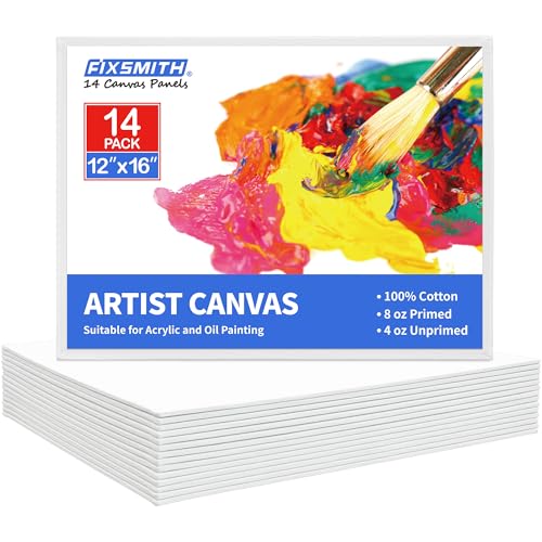 Image of FIXSMITH Canvas Panels 14 Pack - 12 x 16 Inch Painting Canvas Panel Boards - 100% Cotton Primed Canvases - Super Value Pack - Artist Canvas Board for Acrylic, Oil & Tempera Painting