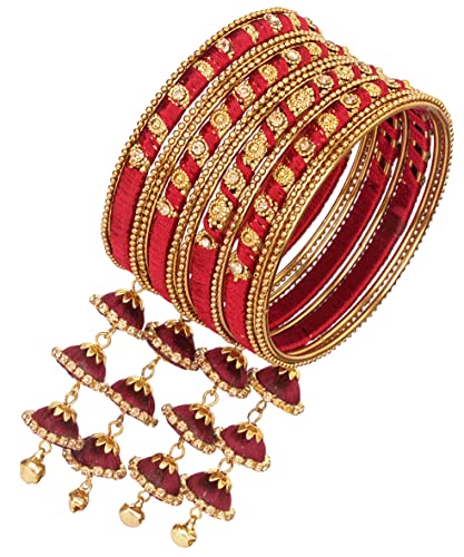 Image of NMII Metal & Silk Thread Jhumka Zircon Latkan Stylish Bangles Set For Women's and Girls | Women's Fancy Latkan Bangles Set | Ethnic Fashion Jewellery- Set of 12 Bangle, (G405 Marron-2.8(2.8))