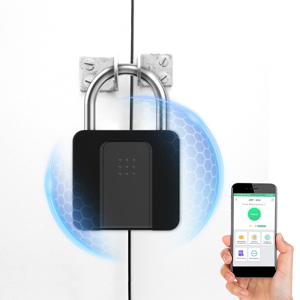 eLinkSmart Heavy Keyed Padlock with Silicone Cover, Phone App/Fingerprint/Key Backup, Waterproof Outdoor Gate Padlock, Group Management, Anti-Bump Padlock for Truck, Gates, School, Office