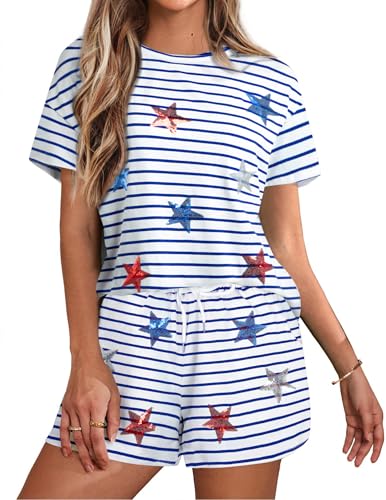 Image of VILOVE 4th of July 2 Piece Sequin Outfits Women 250 Anniversary Usa Shirts and Short Sets Casual Patriotic Shirt Summer Set