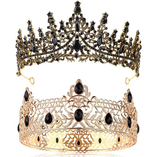 Consejos para Comprar El rey del vidrio del mes. 40 Juego de 2 coronas de baile King y Queen para hombres, coronas reales con coronas de vidrio negro con diamantes de imitación para mujer, diadema de corona para boda, Halloween,...