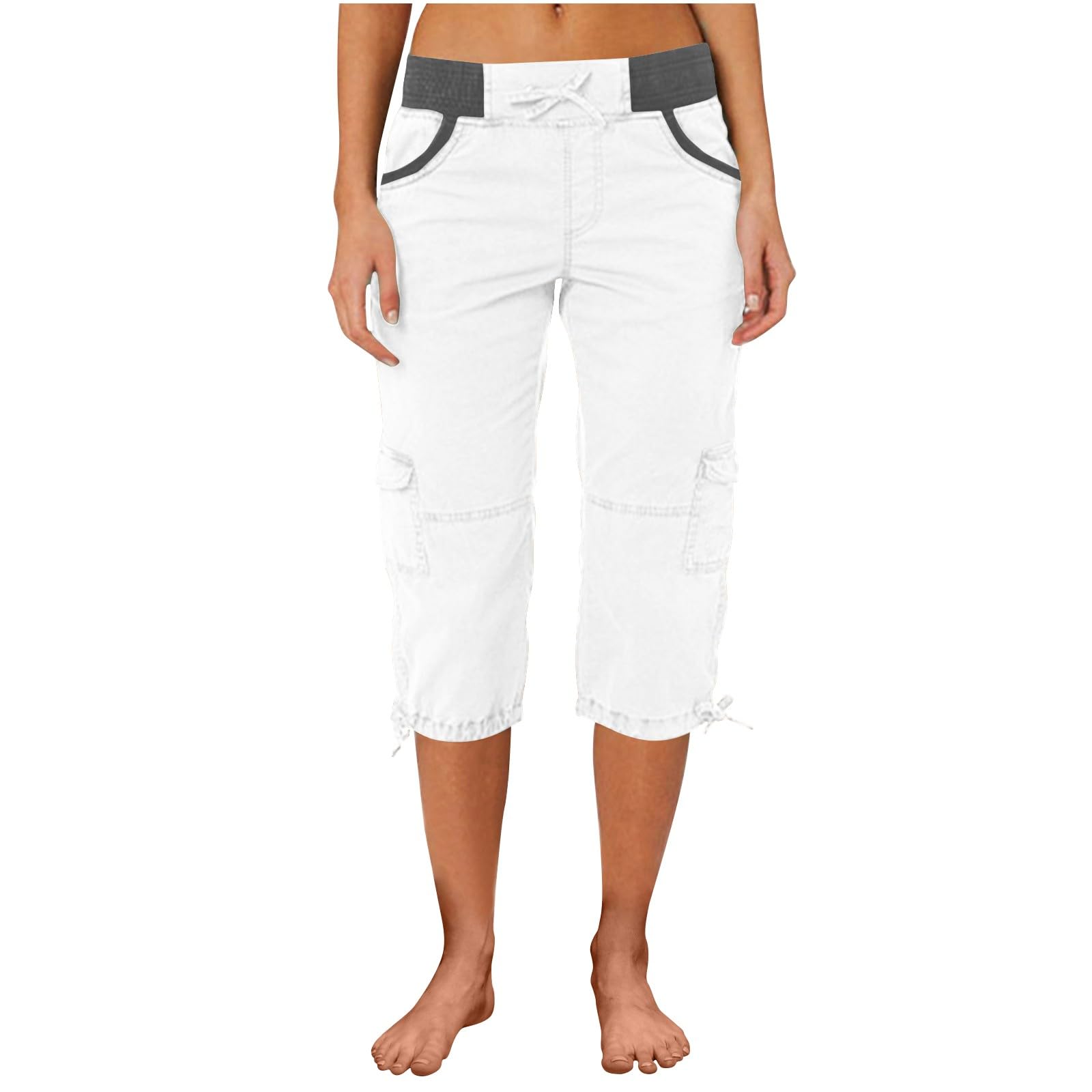 Cargo Capri Pants Women Summer Casual Hiking Bermuda Shorts Cropped Fishing Outdoor Tactical Pants Comfy Cotton Linen Capris Drawstring Low Waisted Capri Sweatpants Bermuda Shorts for Women